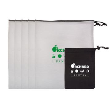 A set of five drawstring produce bags in white and one smaller black pouch, featuring a logo. A set of five drawstring produce bags in white and one smaller black pouch, featuring a logo.
