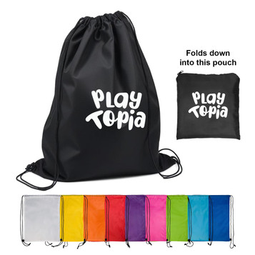 A black drawstring backpack with a logo, shown alongside a pouch for storage, with multiple color options below. A black drawstring backpack with a logo, shown alongside a pouch for storage, with multiple color options below.