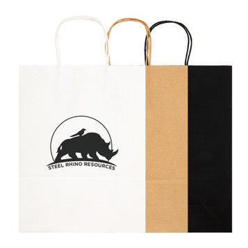 Three large paper bags in white, brown, and black with handles, featuring a logo. Three large paper bags in white, brown, and black with handles, featuring a logo.