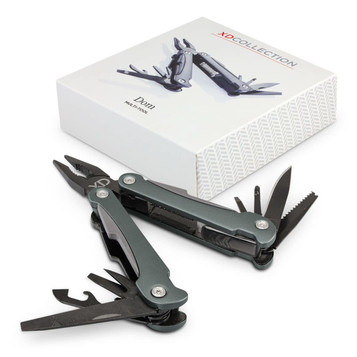 A multi-tool in grey, featuring various tools and a box with a logo. A multi-tool in grey, featuring various tools and a box with a logo.