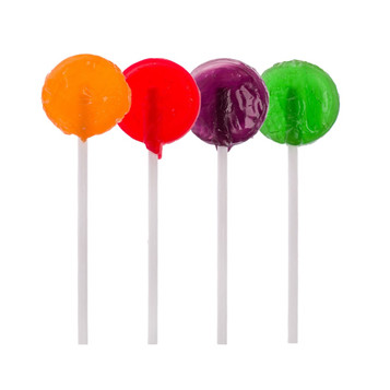 Four assorted lollipops in orange, red, purple, and green, each on a white stick, with a logo on one. Four assorted lollipops in orange, red, purple, and green, each on a white stick, with a logo on one.