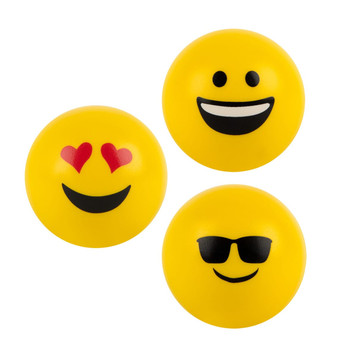 Three yellow emoji stress balls featuring different facial expressions: happy, love, and cool sunglasses. Three yellow emoji stress balls featuring different facial expressions: happy, love, and cool sunglasses.