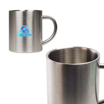 A stainless steel coffee mug with a handle and a logo on the side. The interior is polished and shiny.