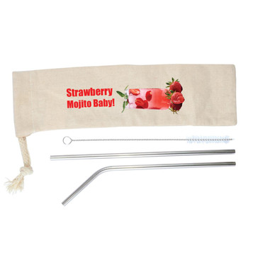 A set of metal straws in silver, including a bent straw, a straight straw, and a cleaning brush, in a beige pouch with a logo. A set of metal straws in silver, including a bent straw, a straight straw, and a cleaning brush, in a beige pouch with a logo.