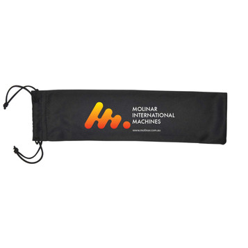 A black microfiber drawstring pouch featuring the logo of Molinar International Machines. A black microfiber drawstring pouch featuring the logo of Molinar International Machines.