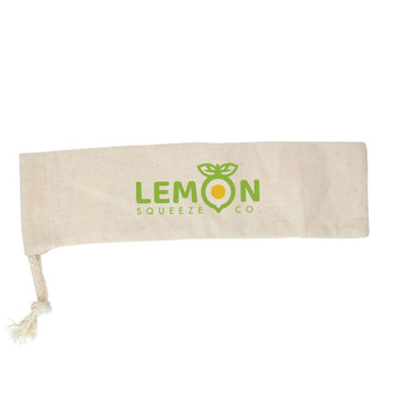 A cream-coloured drawstring pouch with a logo, featuring a tied end and a smooth fabric texture. A cream-coloured drawstring pouch with a logo, featuring a tied end and a smooth fabric texture.