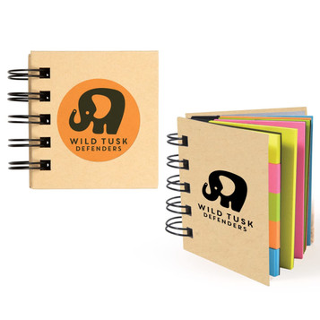 A square kraft sticky note pad with colored sticky notes inside, featuring an elephant logo on the cover. A square kraft sticky note pad with colored sticky notes inside, featuring an elephant logo on the cover.