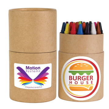 A cylindrical container holds a set of colorful crayon-like writing instruments, with a logo on the side. A cylindrical container holds a set of colorful crayon-like writing instruments, with a logo on the side.