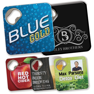 A variety of bottle openers and coasters in colors like blue, black, red, and green, featuring different designs and logos. A variety of bottle openers and coasters in colors like blue, black, red, and green, featuring different designs and logos.