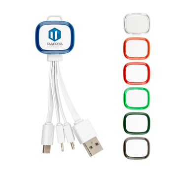 A charging cable with three connectors (USB, Lightning, and micro USB) in white, featuring a logo and coloured accents. A charging cable with three connectors (USB, Lightning, and micro USB) in white, featuring a logo and coloured accents.