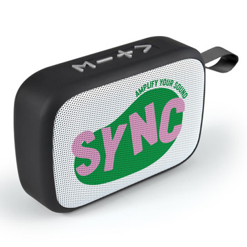 A black portable speaker with mesh design and a colourful logo, featuring a carrying strap. A black portable speaker with mesh design and a colourful logo, featuring a carrying strap.