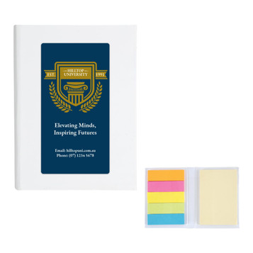A promotional product featuring sticky notes in pastel colours, alongside a white cover book with a logo. A promotional product featuring sticky notes in pastel colours, alongside a white cover book with a logo.