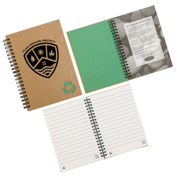 A stone paper notebook with a brown cover, spiral binding, and green interior pages. Features a logo. A stone paper notebook with a brown cover, spiral binding, and green interior pages. Features a logo.