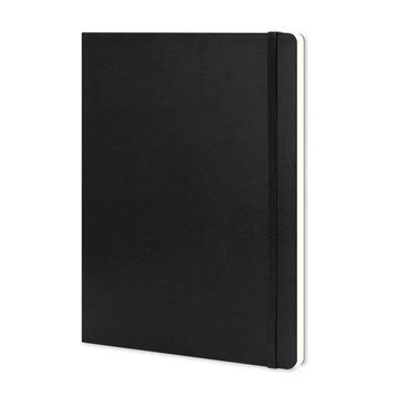 A black Moleskine Classic Soft Cover Notebook in extra-large size, featuring a simple design and elastic closure. A black Moleskine Classic Soft Cover Notebook in extra-large size, featuring a simple design and elastic closure.