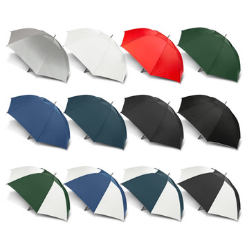 A variety of sport umbrellas in red, green, navy, black, white, and teal, featuring a logo on each. A variety of sport umbrellas in red, green, navy, black, white, and teal, featuring a logo on each.
