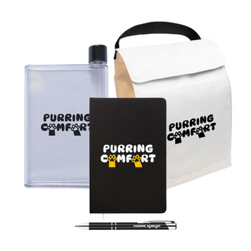 A drink bottle, a black notebook, a pen, and a cooler bag, all featuring the logo "PURRING COMFORT." A drink bottle, a black notebook, a pen, and a cooler bag, all featuring the logo "PURRING COMFORT."