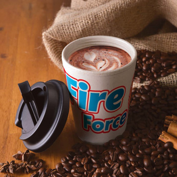 A reusable coffee cup in cream and blue with a black comfort lid, surrounded by coffee beans and cinnamon. A reusable coffee cup in cream and blue with a black comfort lid, surrounded by coffee beans and cinnamon.
