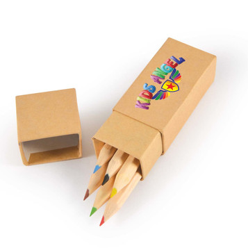A pencil set in a brown cardboard box, featuring colored pencils in red, blue, green, and yellow. The box has a logo. A pencil set in a brown cardboard box, featuring colored pencils in red, blue, green, and yellow. The box has a logo.