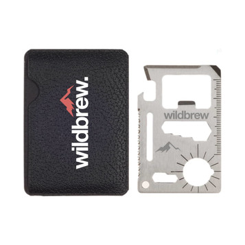 A Bionic Multi Tool with a stainless steel finish placed next to a black pouch, featuring a logo.