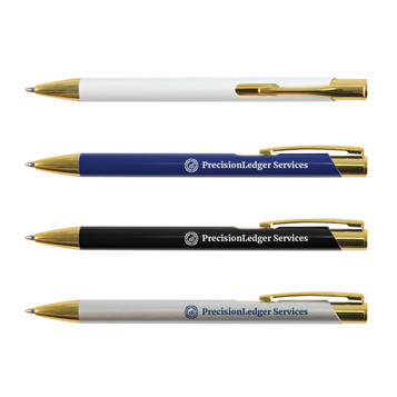 A collection of metal pens in white, blue, black, and silver, each featuring gold trim and a logo. A collection of metal pens in white, blue, black, and silver, each featuring gold trim and a logo.