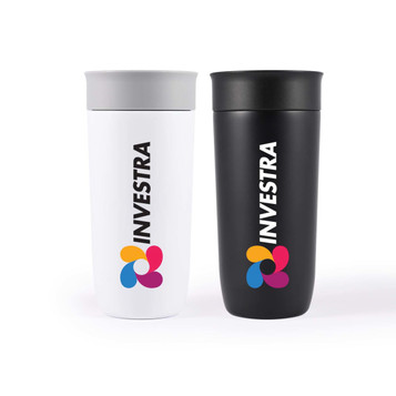 A reusable coffee cup set featuring a white and a black stainless steel design, both with a logo.
