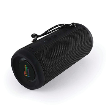 A black and textured cylindrical Bluetooth speaker with a carry strap and a logo on the front.