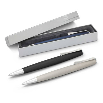 A metal pen set featuring a black and a silver-grey pen, presented in a sleek packaging with a logo. A metal pen set featuring a black and a silver-grey pen, presented in a sleek packaging with a logo.