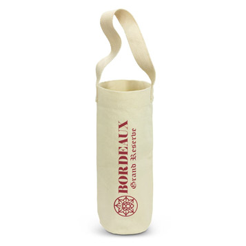 A cotton wine tote bag in cream with a single shoulder strap and a logo. A cotton wine tote bag in cream with a single shoulder strap and a logo.
