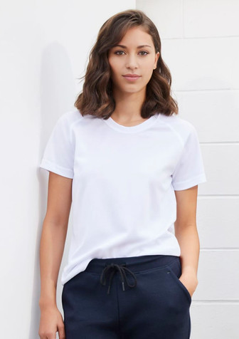 A white women's short sleeve tee displayed on a model, featuring a simple design and a round neckline. A white women's short sleeve tee displayed on a model, featuring a simple design and a round neckline.