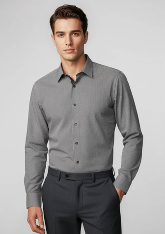A long-sleeve, button-up shirt in grey check pattern, worn by a model with dark trousers. Features a logo.