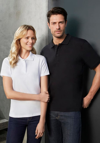 A white short sleeve polo shirt and a black short sleeve polo shirt on a male and female model, both featuring a logo.