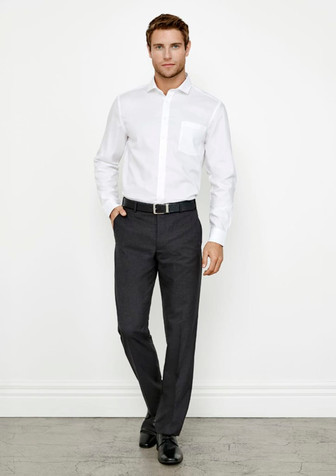 A man poses in a white shirt and dark grey classic flat pants, with a belt and sleek shoes, against a plain background. A man poses in a white shirt and dark grey classic flat pants, with a belt and sleek shoes, against a plain background.