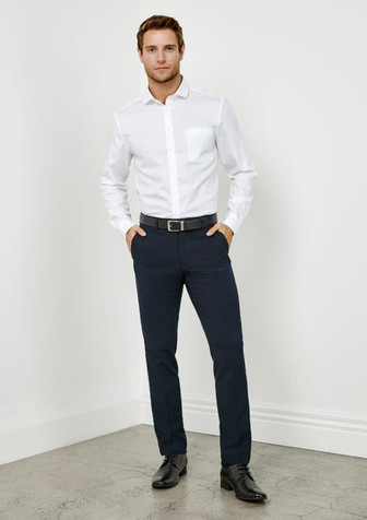 A pair of slim fit men's pants in navy, styled with a white shirt and a belt. There is branding visible. A pair of slim fit men's pants in navy, styled with a white shirt and a belt. There is branding visible.