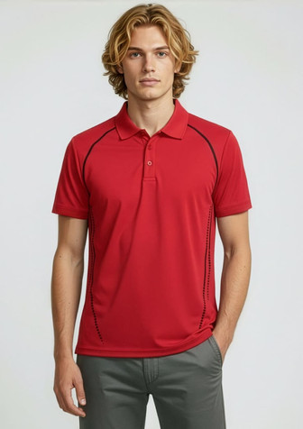 A red short sleeve polo shirt with black accents and a branded logo. Model stands confidently wearing it.