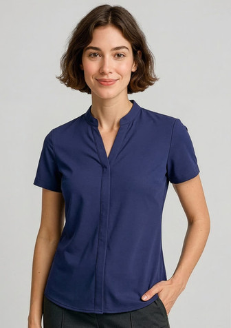 A navy short sleeve blouse with a mandarin collar and a front placket. The model is smiling, showcasing the fit.