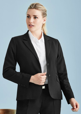 A black mid-length women's blazer with a two-button front and a sleek, tailored design. A black mid-length women's blazer with a two-button front and a sleek, tailored design.