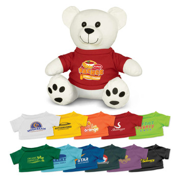 A plush white bear toy wearing a red shirt, surrounded by various coloured t-shirts in different styles. A plush white bear toy wearing a red shirt, surrounded by various coloured t-shirts in different styles.