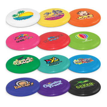 A set of colourful flying discs featuring various logos and designs in white, blue, green, yellow, pink, and black. A set of colourful flying discs featuring various logos and designs in white, blue, green, yellow, pink, and black.