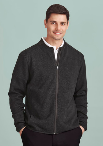 A men's zip-front jumper in dark grey, featuring a high collar and a slim-fit design, with a subtle logo. A men's zip-front jumper in dark grey, featuring a high collar and a slim-fit design, with a subtle logo.