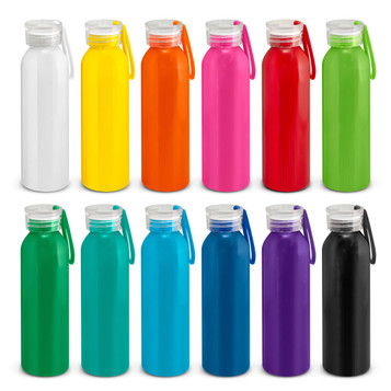 A drink bottle in various colours including white, yellow, orange, pink, green, and more, featuring a logo on the cap.