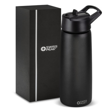A drink bottle in matte black with a black lid, packaged in a sleek black box, featuring a logo. A drink bottle in matte black with a black lid, packaged in a sleek black box, featuring a logo.