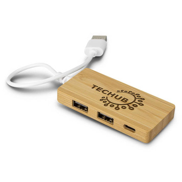 A bamboo USB hub featuring three ports, connected by a white cable, with a logo on the surface. A bamboo USB hub featuring three ports, connected by a white cable, with a logo on the surface.