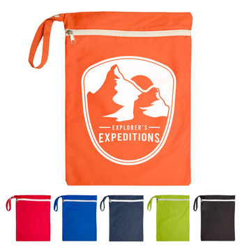 An orange wet bag with a logo, featuring a zippered closure and a handle, alongside additional bags in various colours. An orange wet bag with a logo, featuring a zippered closure and a handle, alongside additional bags in various colours.