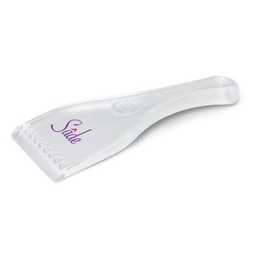 A clear ice scraper with a textured edge and a smooth handle, featuring a logo on the side. A clear ice scraper with a textured edge and a smooth handle, featuring a logo on the side.