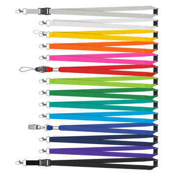A collection of custom printed lanyards in various colours including white, yellow, orange, green, blue, and purple, with clips.