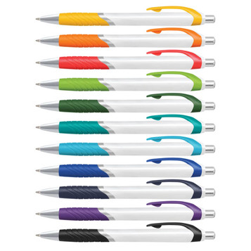 A collection of plastic pens featuring white barrels and various coloured grips, arranged in a row. A collection of plastic pens featuring white barrels and various coloured grips, arranged in a row.