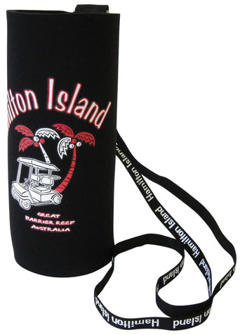 A black water bottle cooler with a lanyard, featuring a decorative design and a logo. A black water bottle cooler with a lanyard, featuring a decorative design and a logo.