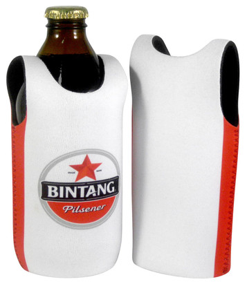 A drink bottle cooler in white and red, featuring a logo on the front and a sleeveless design. A drink bottle cooler in white and red, featuring a logo on the front and a sleeveless design.