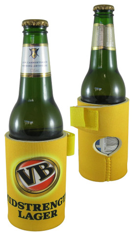 A drink bottle cooler in bright yellow with a logo, designed to fit around standard beverage bottles. A drink bottle cooler in bright yellow with a logo, designed to fit around standard beverage bottles.