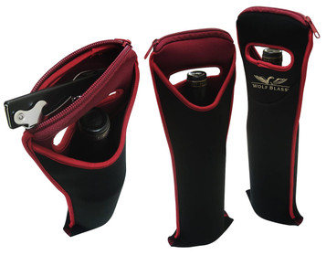 A black wine bag with a maroon trim and a waiter's friend corkscrew, featuring a logo. A black wine bag with a maroon trim and a waiter's friend corkscrew, featuring a logo.